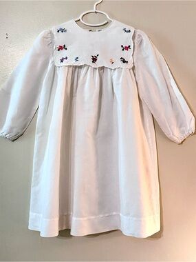 Vintage White Long-Sleeve Dress with Hand Sewn Floral Embroidery